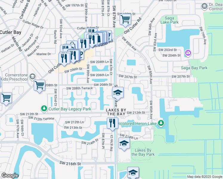 map of restaurants, bars, coffee shops, grocery stores, and more near 20810 Southwest 87th Avenue in Cutler Bay
