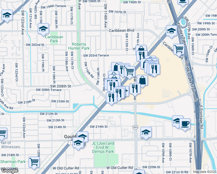 map of restaurants, bars, coffee shops, grocery stores, and more near 11391 Southwest 208th Drive in Miami
