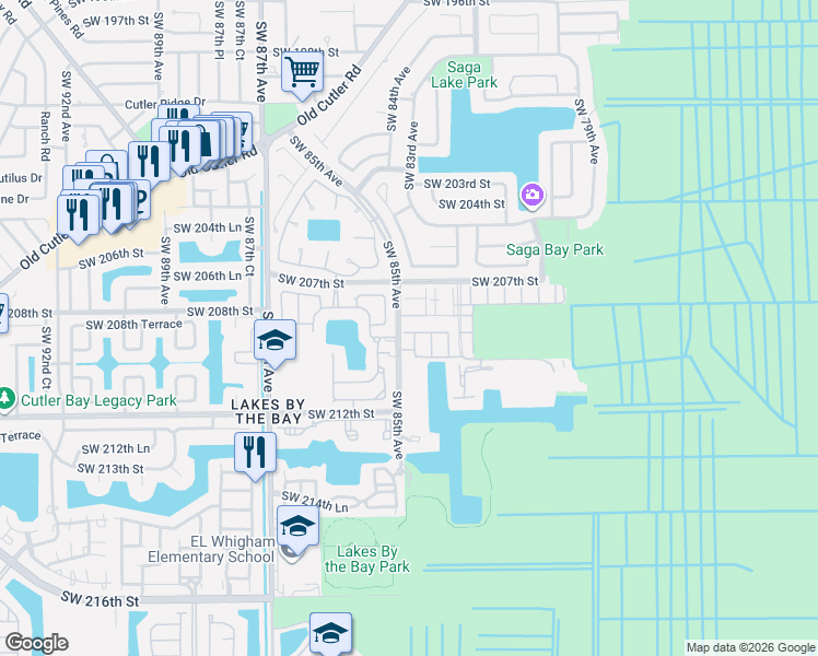 map of restaurants, bars, coffee shops, grocery stores, and more near 20845 Southwest 85th Court in Cutler Bay