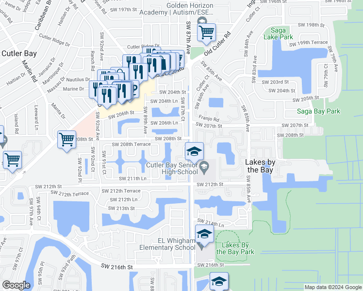 map of restaurants, bars, coffee shops, grocery stores, and more near 20810 Southwest 87th Avenue in Cutler Bay
