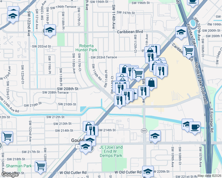 map of restaurants, bars, coffee shops, grocery stores, and more near 20821 Southwest 117th Avenue in Miami