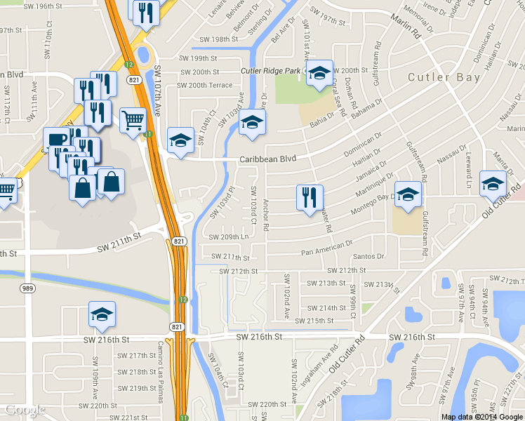 map of restaurants, bars, coffee shops, grocery stores, and more near 20810 Anchor Rd in Cutler Bay