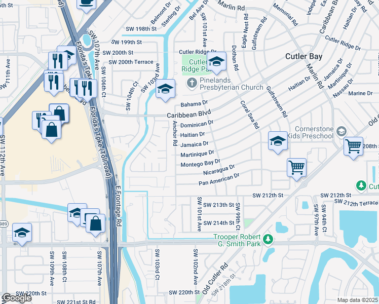 map of restaurants, bars, coffee shops, grocery stores, and more near 10211 Martinique Drive in Cutler Bay