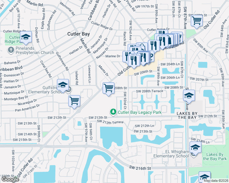map of restaurants, bars, coffee shops, grocery stores, and more near 9278 Southwest 208th Terrace in Cutler Bay