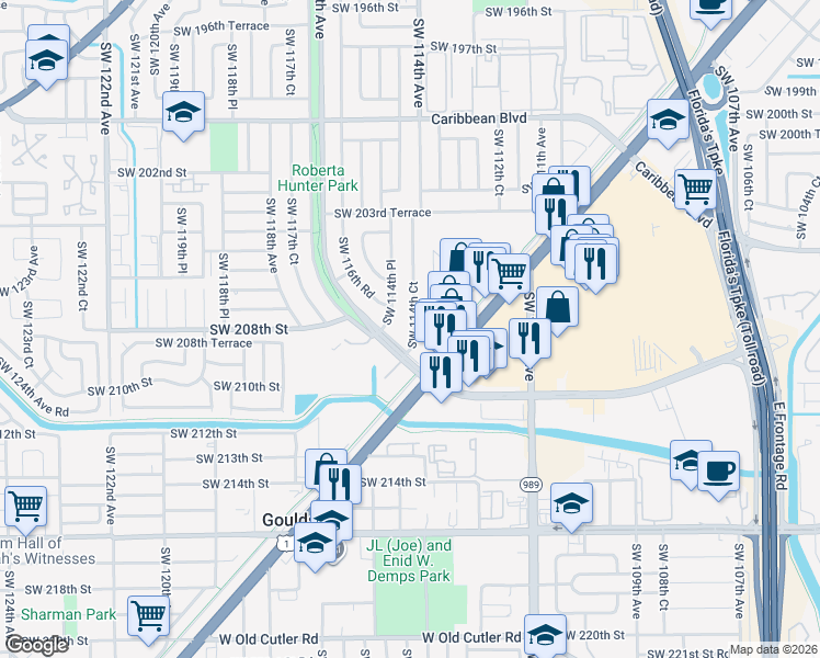 map of restaurants, bars, coffee shops, grocery stores, and more near 20821 Southwest 117th Avenue in Miami