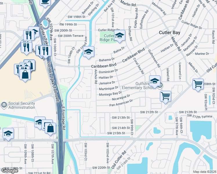 map of restaurants, bars, coffee shops, grocery stores, and more near 10211 Martinique Drive in Cutler Bay