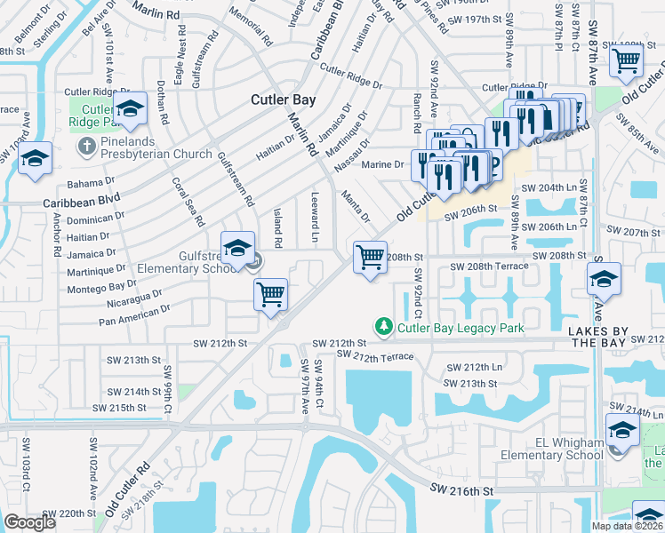 map of restaurants, bars, coffee shops, grocery stores, and more near 20845 Grouper Drive in Cutler Bay