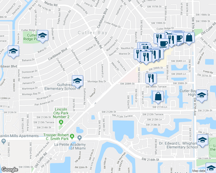 map of restaurants, bars, coffee shops, grocery stores, and more near 20845 Grouper Drive in Cutler Bay