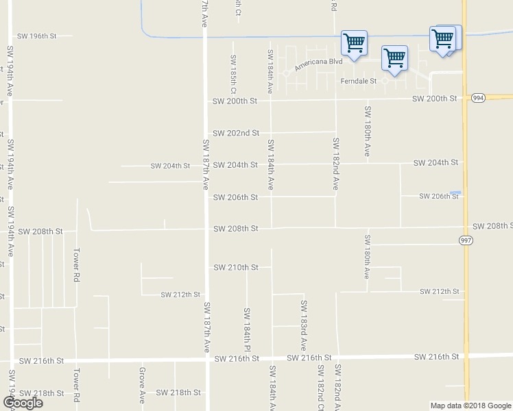 map of restaurants, bars, coffee shops, grocery stores, and more near 18440 Southwest 206th Street in Miami