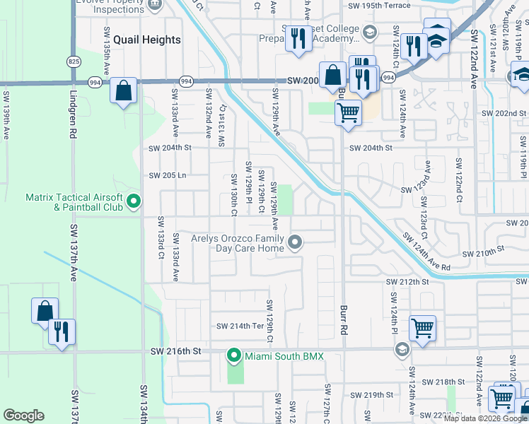 map of restaurants, bars, coffee shops, grocery stores, and more near 20795 Southwest 129th Court in Miami