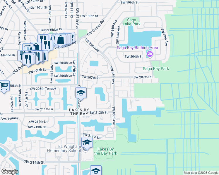 map of restaurants, bars, coffee shops, grocery stores, and more near 8527 Southwest 208th Lane in Cutler Bay