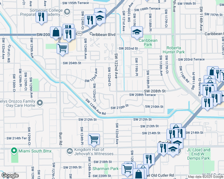 map of restaurants, bars, coffee shops, grocery stores, and more near 20741 Southwest 122nd Court in Miami
