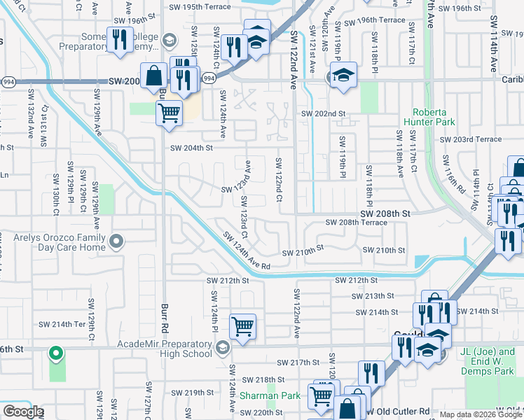 map of restaurants, bars, coffee shops, grocery stores, and more near 12220 Southwest 207th Terrace in Miami