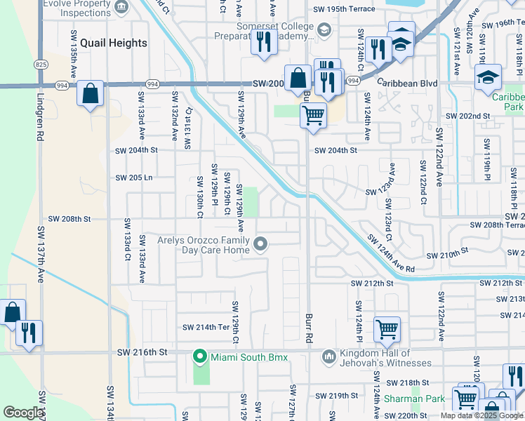 map of restaurants, bars, coffee shops, grocery stores, and more near 20805 Southwest 128th Court in Miami