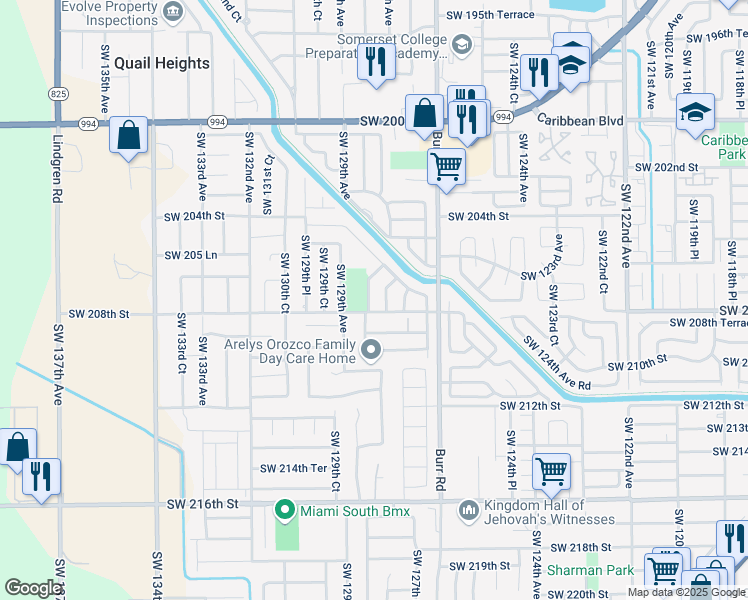 map of restaurants, bars, coffee shops, grocery stores, and more near 20805 Southwest 128th Court in Miami