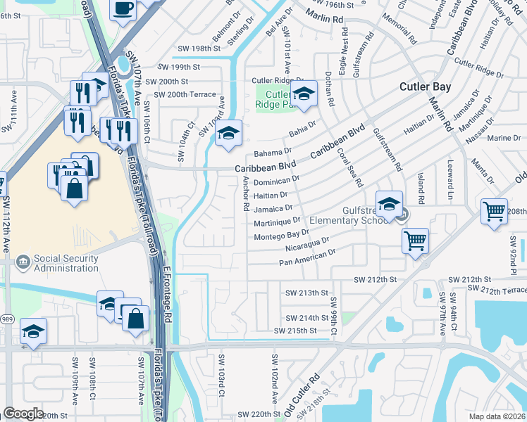 map of restaurants, bars, coffee shops, grocery stores, and more near 10211 Martinique Drive in Cutler Bay