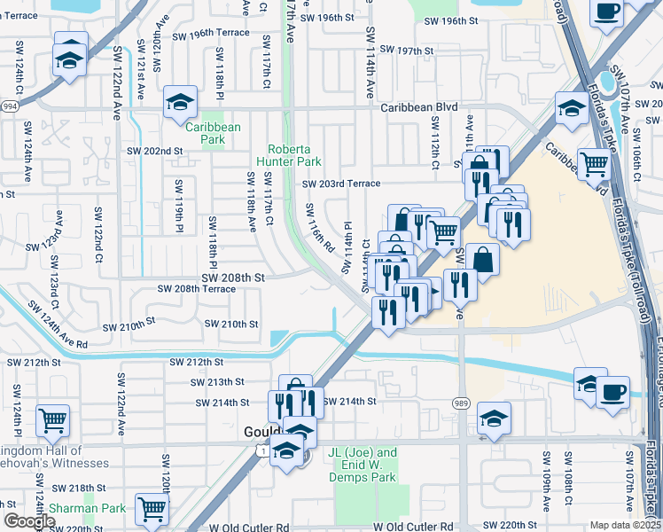 map of restaurants, bars, coffee shops, grocery stores, and more near 20744 Southwest 117th Avenue in Miami