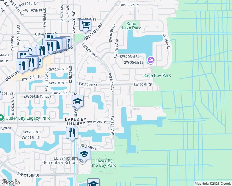 map of restaurants, bars, coffee shops, grocery stores, and more near 20845 Southwest 85th Court in Cutler Bay