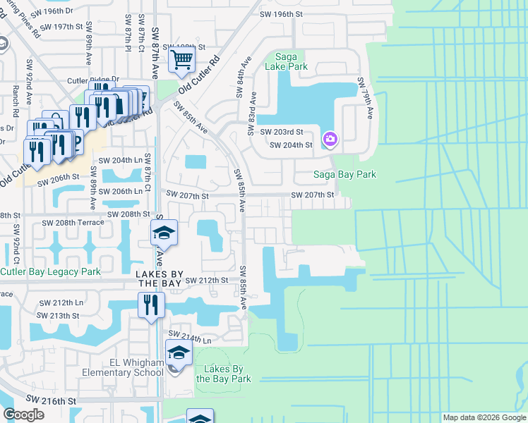 map of restaurants, bars, coffee shops, grocery stores, and more near 20905 Southwest 84th Avenue in Cutler Bay