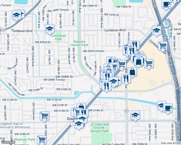map of restaurants, bars, coffee shops, grocery stores, and more near 20744 Southwest 117th Avenue in Miami