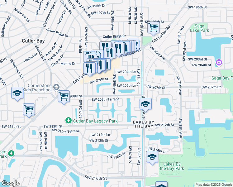 map of restaurants, bars, coffee shops, grocery stores, and more near 20665 Southwest 89th Avenue in Cutler Bay