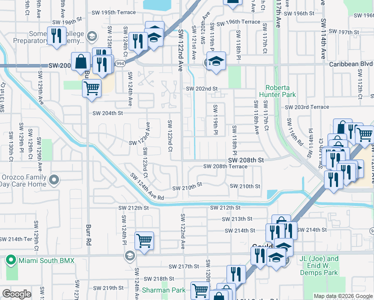 map of restaurants, bars, coffee shops, grocery stores, and more near 20621 Southwest 121st Court in Miami