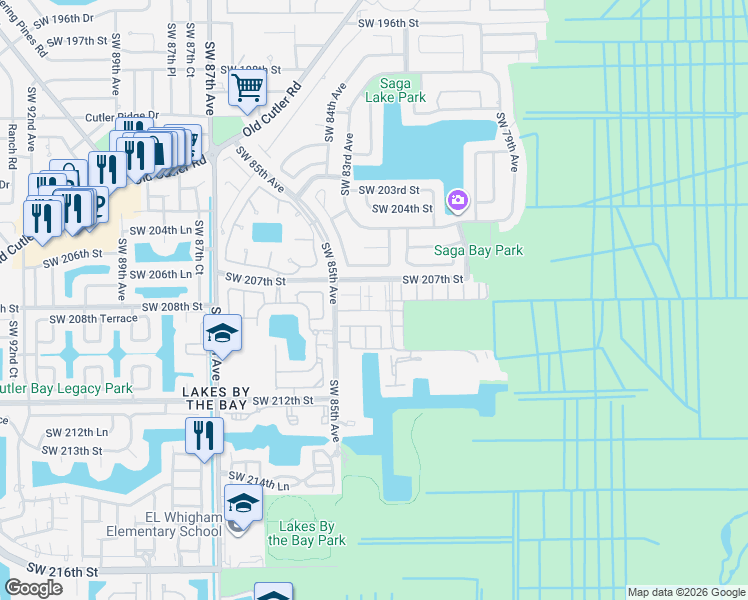 map of restaurants, bars, coffee shops, grocery stores, and more near 20751 Southwest 83rd Avenue in Cutler Bay