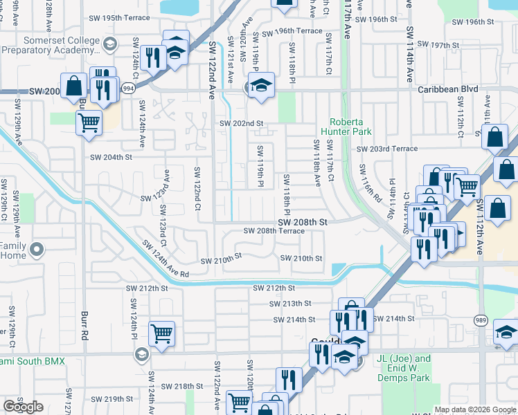 map of restaurants, bars, coffee shops, grocery stores, and more near 20605 Southwest 120th Court in Miami