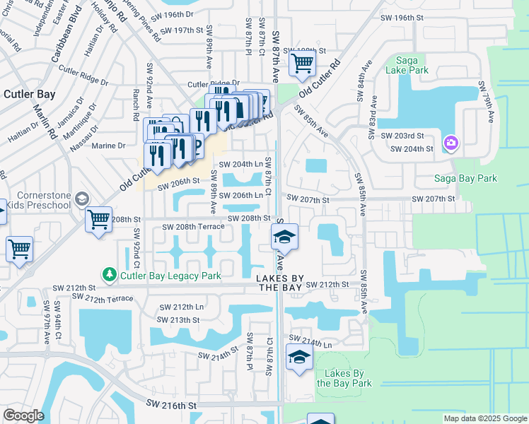 map of restaurants, bars, coffee shops, grocery stores, and more near 20672 Southwest 87th Court in Cutler Bay