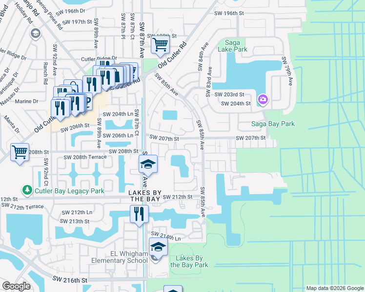 map of restaurants, bars, coffee shops, grocery stores, and more near 8551 Southwest 207th Terrace in Cutler Bay