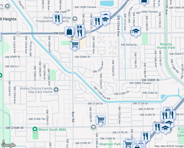 map of restaurants, bars, coffee shops, grocery stores, and more near 20610 Southwest 124th Place in Miami