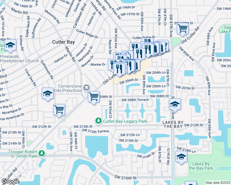 map of restaurants, bars, coffee shops, grocery stores, and more near 20760 Southwest 91st Court in Cutler Bay