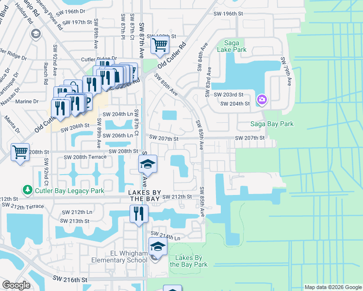 map of restaurants, bars, coffee shops, grocery stores, and more near 8551 Southwest 207th Terrace in Cutler Bay