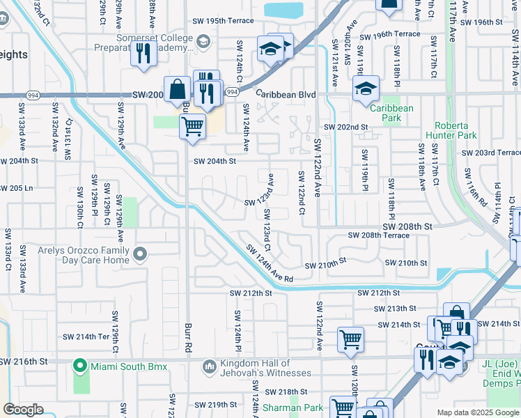 map of restaurants, bars, coffee shops, grocery stores, and more near 20590 Southwest 123rd Court in Miami