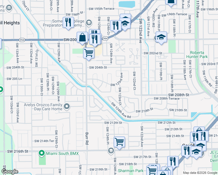 map of restaurants, bars, coffee shops, grocery stores, and more near 20610 Southwest 124th Place in Miami