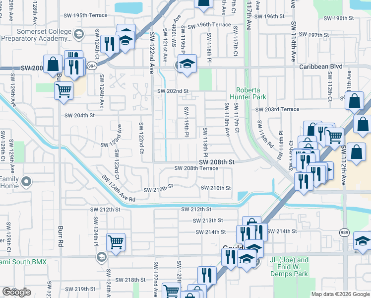 map of restaurants, bars, coffee shops, grocery stores, and more near 20605 Southwest 120th Court in Miami