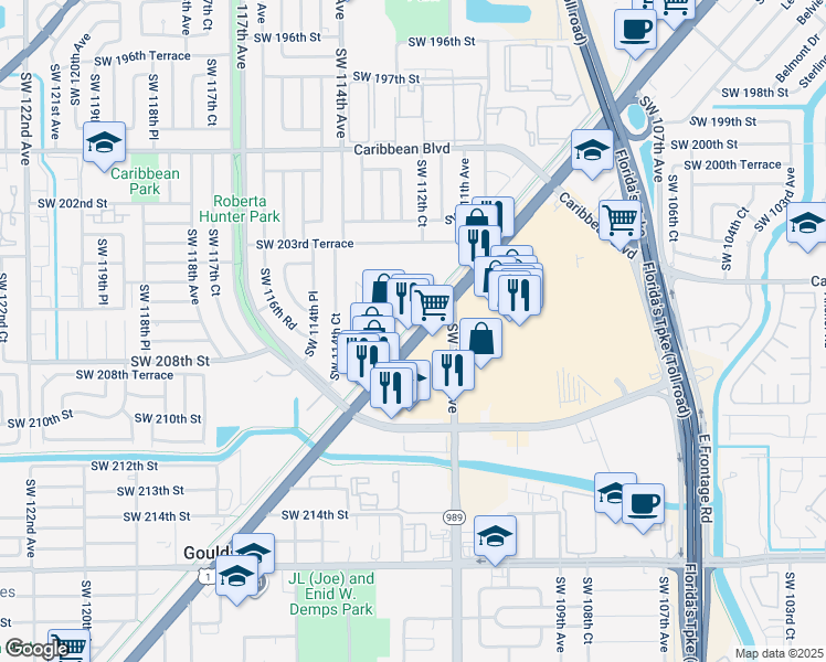 map of restaurants, bars, coffee shops, grocery stores, and more near 11300 Southwest 208th Drive in Miami