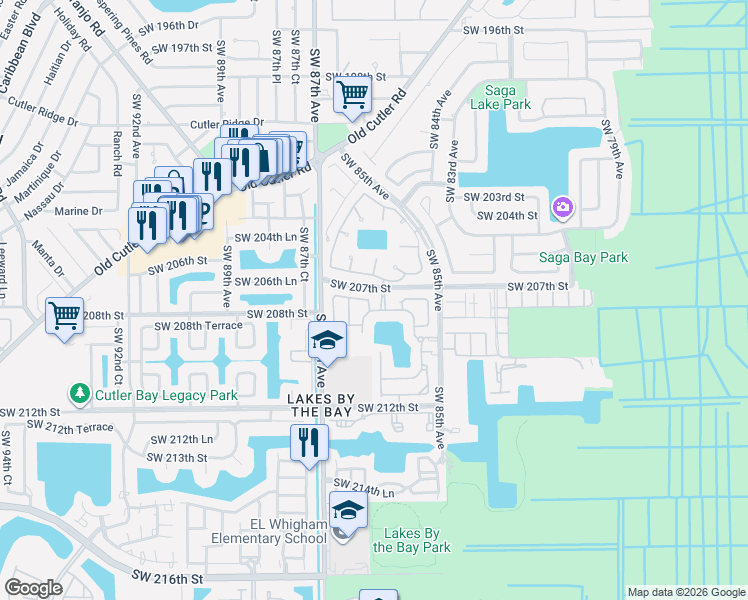 map of restaurants, bars, coffee shops, grocery stores, and more near 8611 Southwest 207th Terrace in Cutler Bay