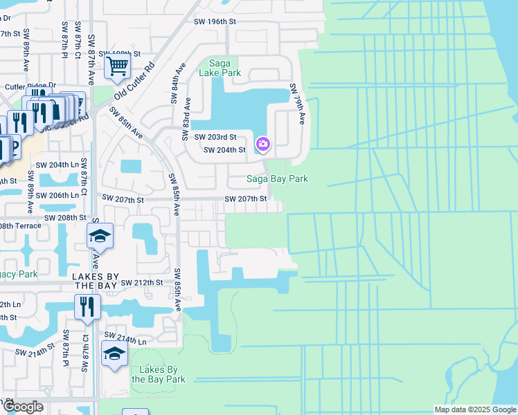 map of restaurants, bars, coffee shops, grocery stores, and more near 20709 Southwest 207th Street in Cutler Bay