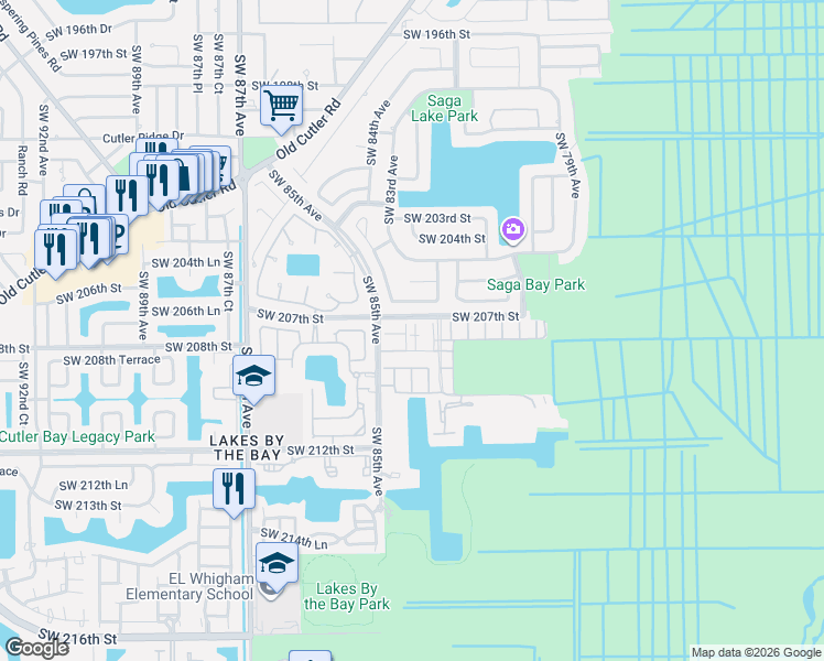 map of restaurants, bars, coffee shops, grocery stores, and more near 20751 Southwest 83rd Avenue in Cutler Bay