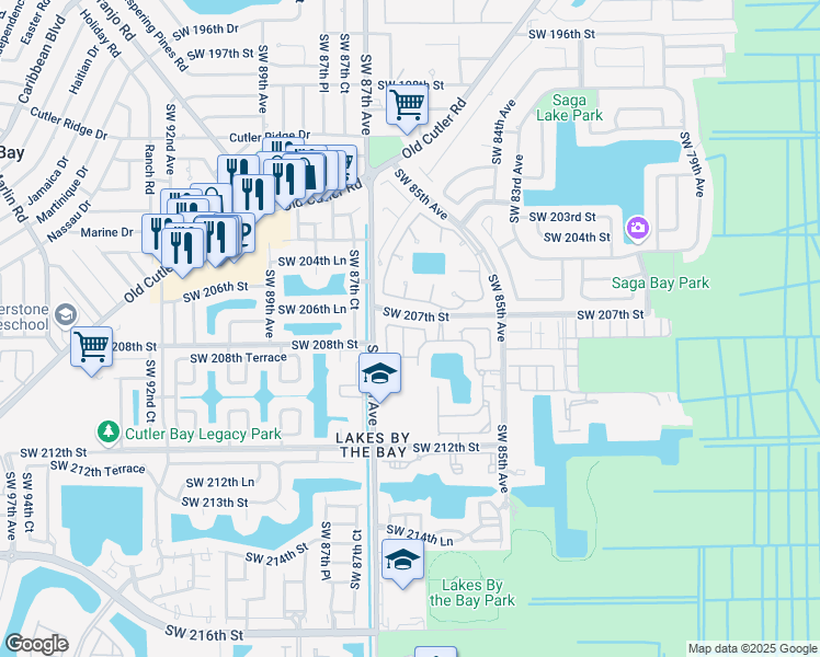 map of restaurants, bars, coffee shops, grocery stores, and more near 8611 Southwest 207th Terrace in Cutler Bay