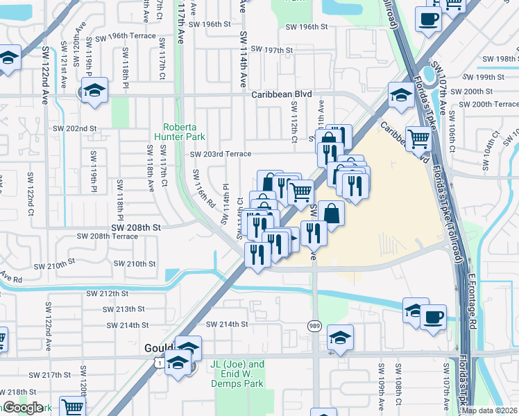 map of restaurants, bars, coffee shops, grocery stores, and more near 20621 Southwest 114th Avenue in Miami