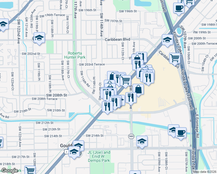 map of restaurants, bars, coffee shops, grocery stores, and more near 20621 Southwest 114th Avenue in Miami