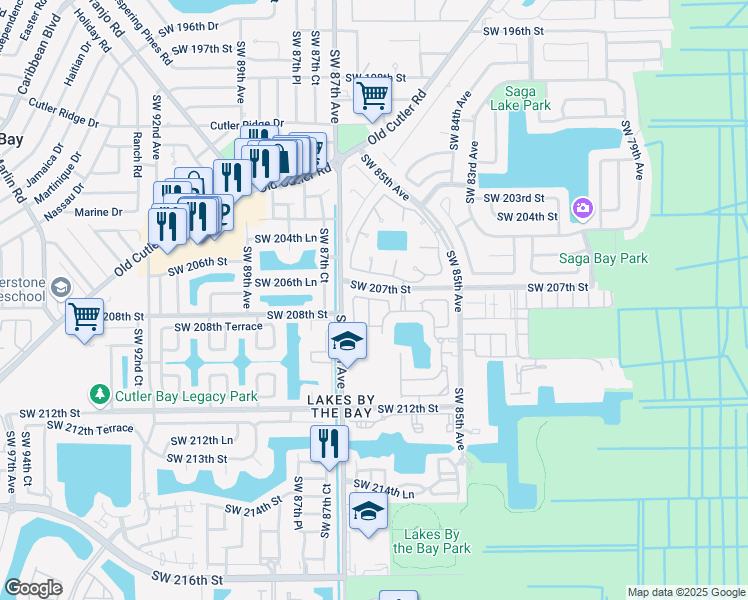 map of restaurants, bars, coffee shops, grocery stores, and more near 8611 Southwest 207th Terrace in Cutler Bay
