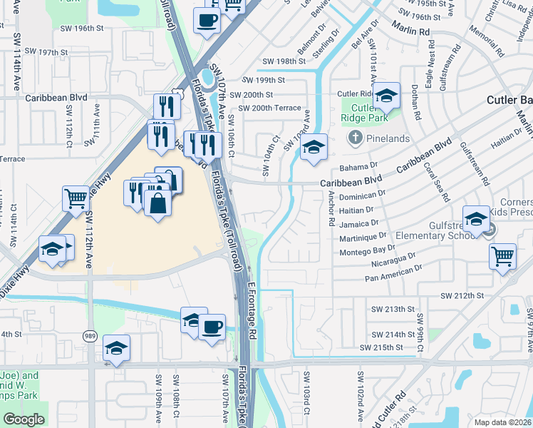map of restaurants, bars, coffee shops, grocery stores, and more near 10301 Southwest 207th Street in Cutler Bay