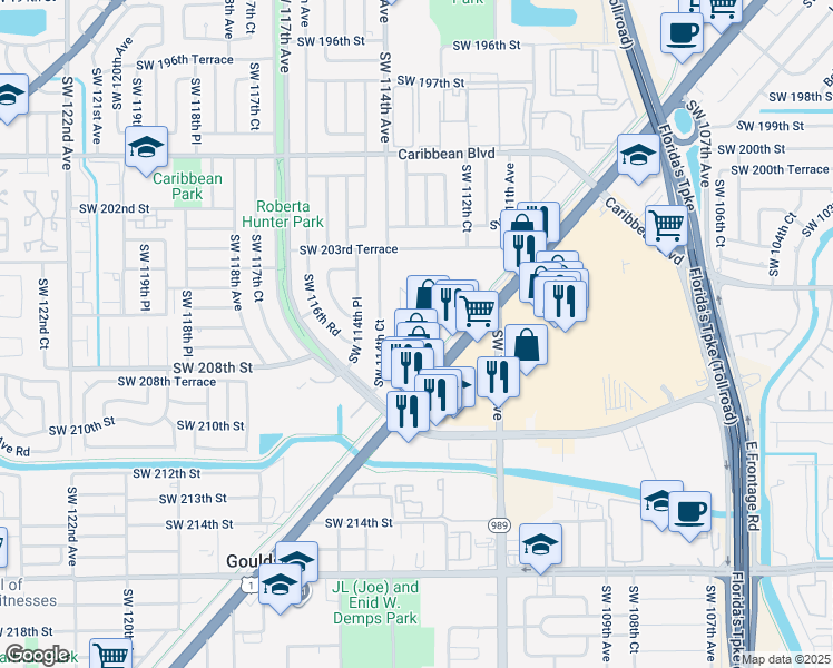 map of restaurants, bars, coffee shops, grocery stores, and more near 20621 Southwest 114th Avenue in Miami
