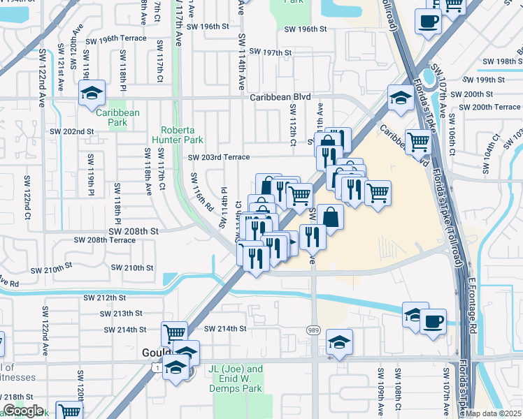 map of restaurants, bars, coffee shops, grocery stores, and more near 20621 Southwest 114th Avenue in Miami