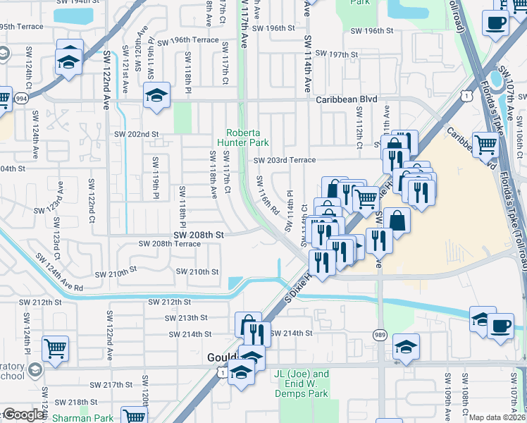 map of restaurants, bars, coffee shops, grocery stores, and more near 20620 Southwest 116th Road in Miami