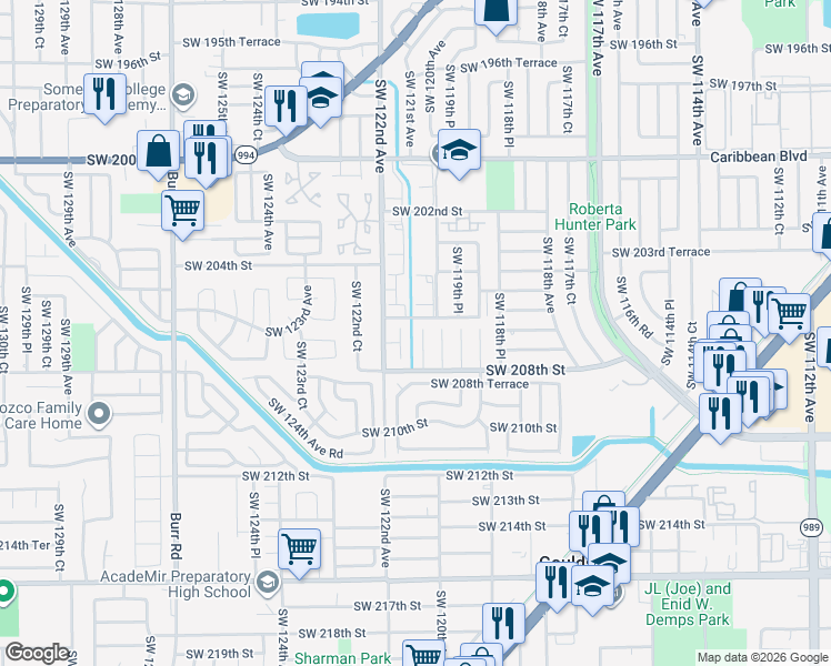 map of restaurants, bars, coffee shops, grocery stores, and more near 20621 Southwest 121st Court in Miami