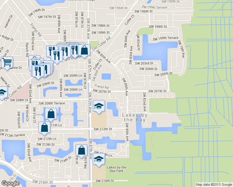 map of restaurants, bars, coffee shops, grocery stores, and more near 8551 Southwest 207th Terrace in Cutler Bay